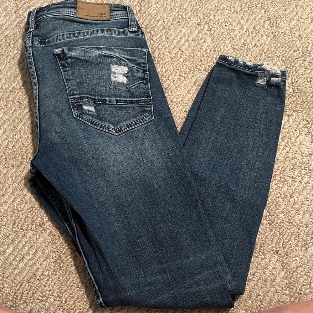 BKE Women's Dark Blue Distressed Skinny Jeans